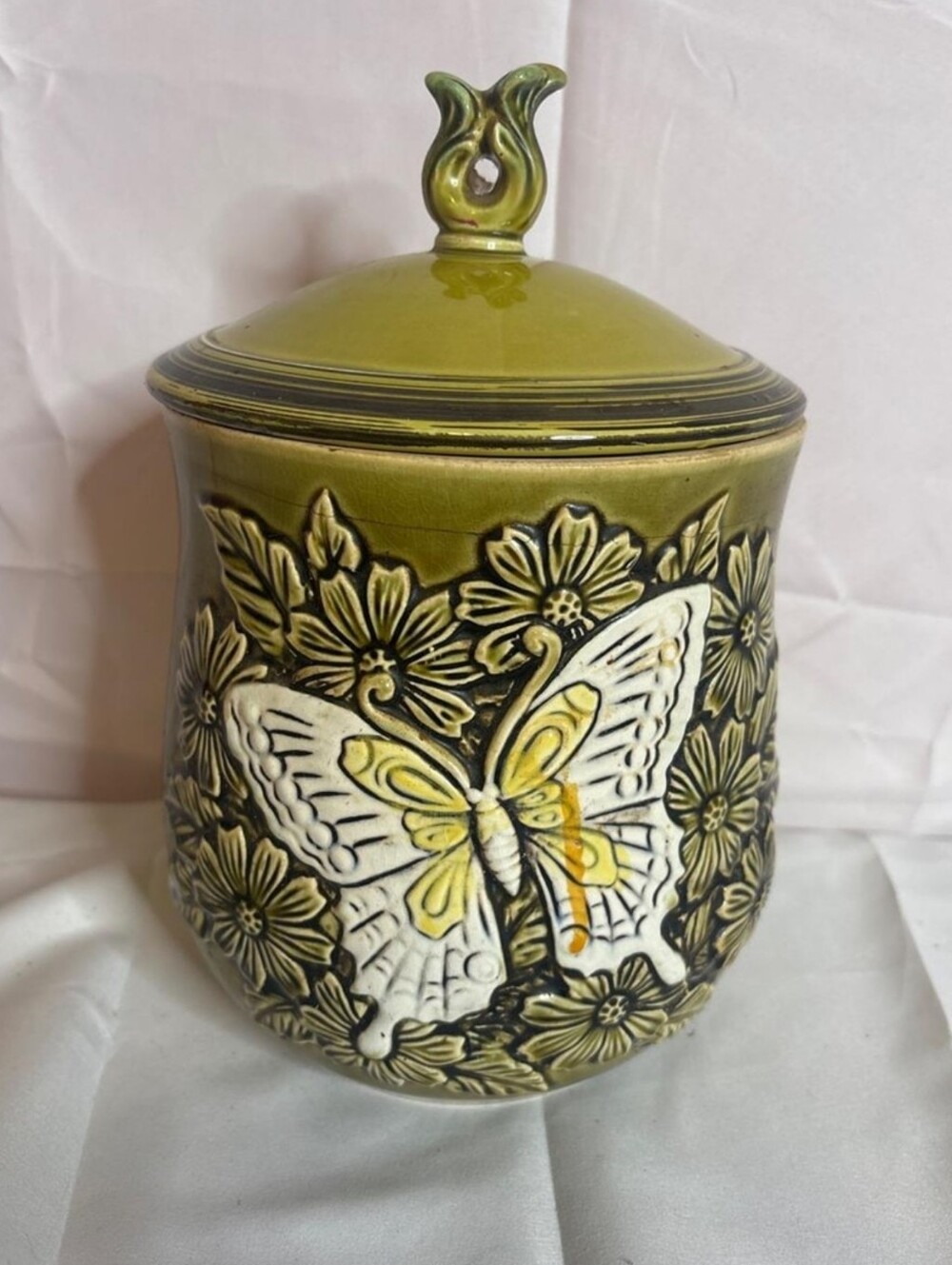 Vintage Mid-Century Olive Green Ceramic Butterfly Cookie Jar - Retro 1970s